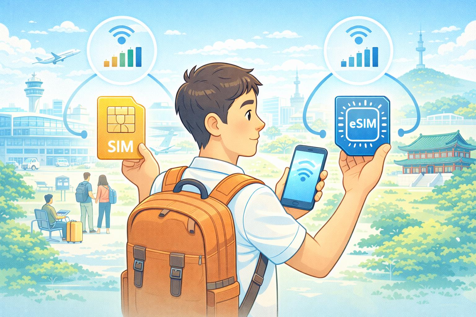Traveler choosing between SIM card and eSIM for mobile internet in Korea