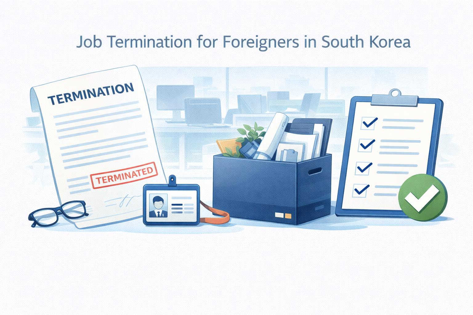 Infographic showing job termination steps for foreigners in South Korea