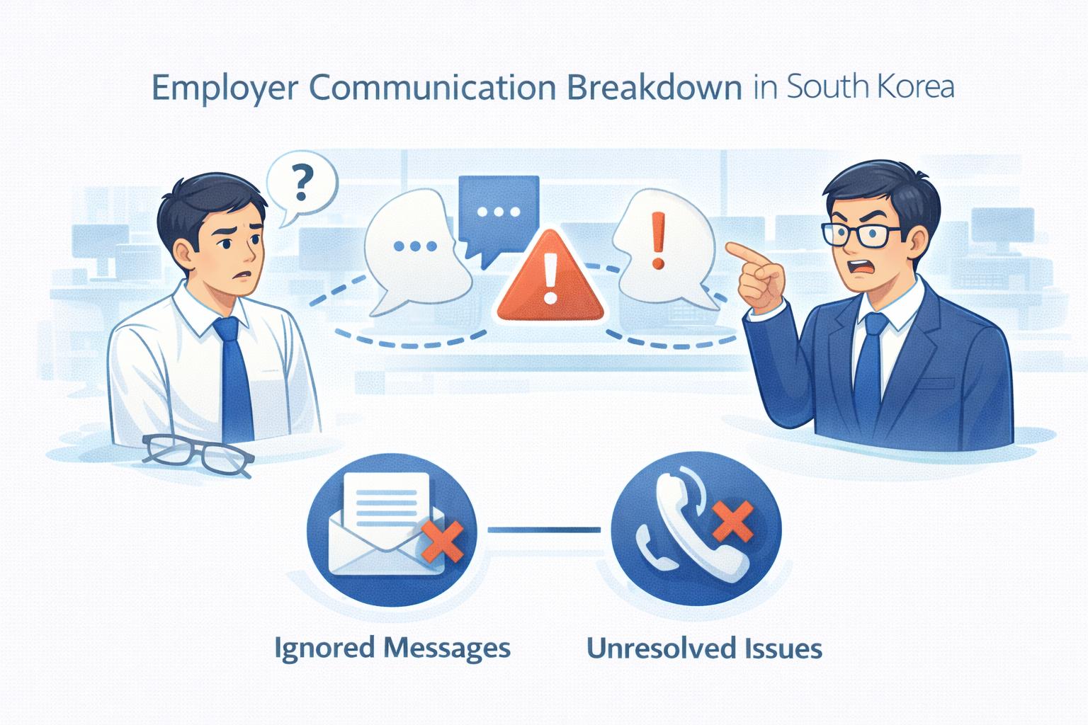 Infographic showing a foreign employee unable to contact their employer in South Korea
