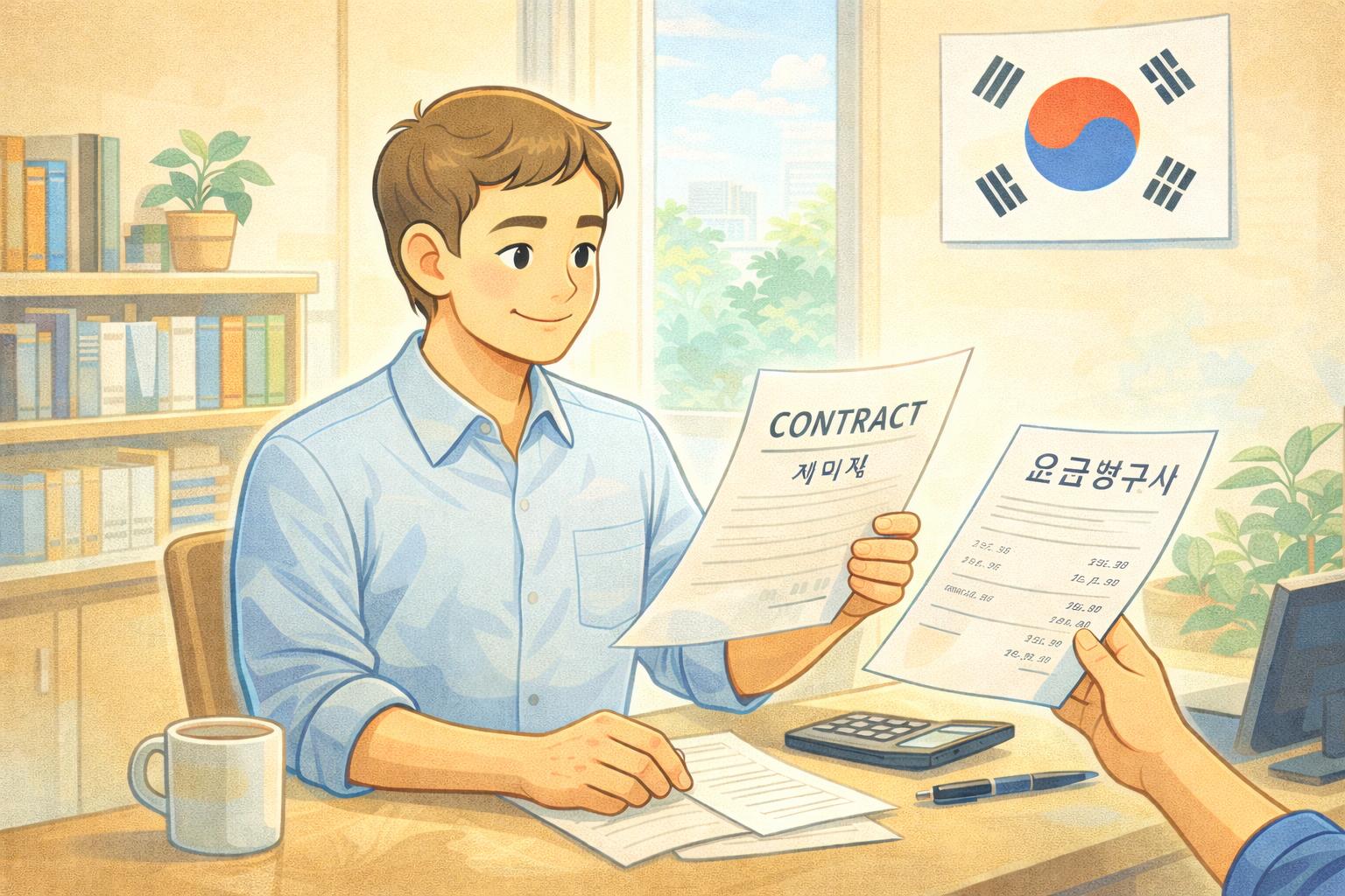 Illustration of a foreign resident dealing with housing and bills after job loss in Korea