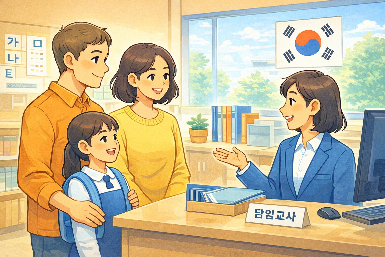 Illustration of a multicultural family registering a child at a Korean school