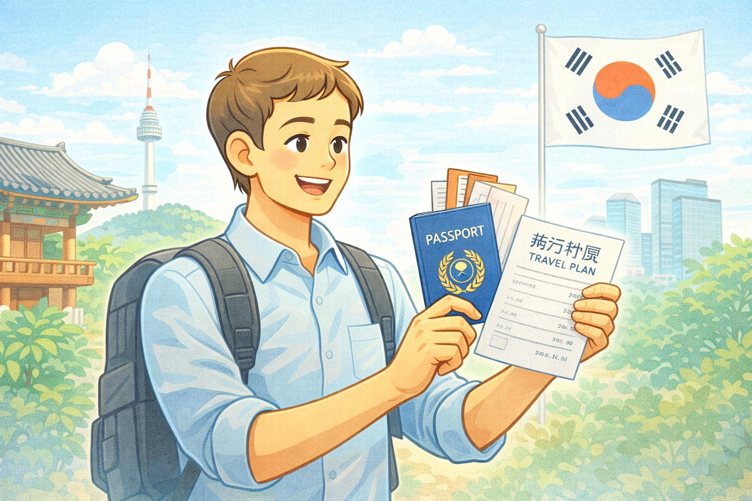 Illustration of a tourist worried about visa overstay in Korea