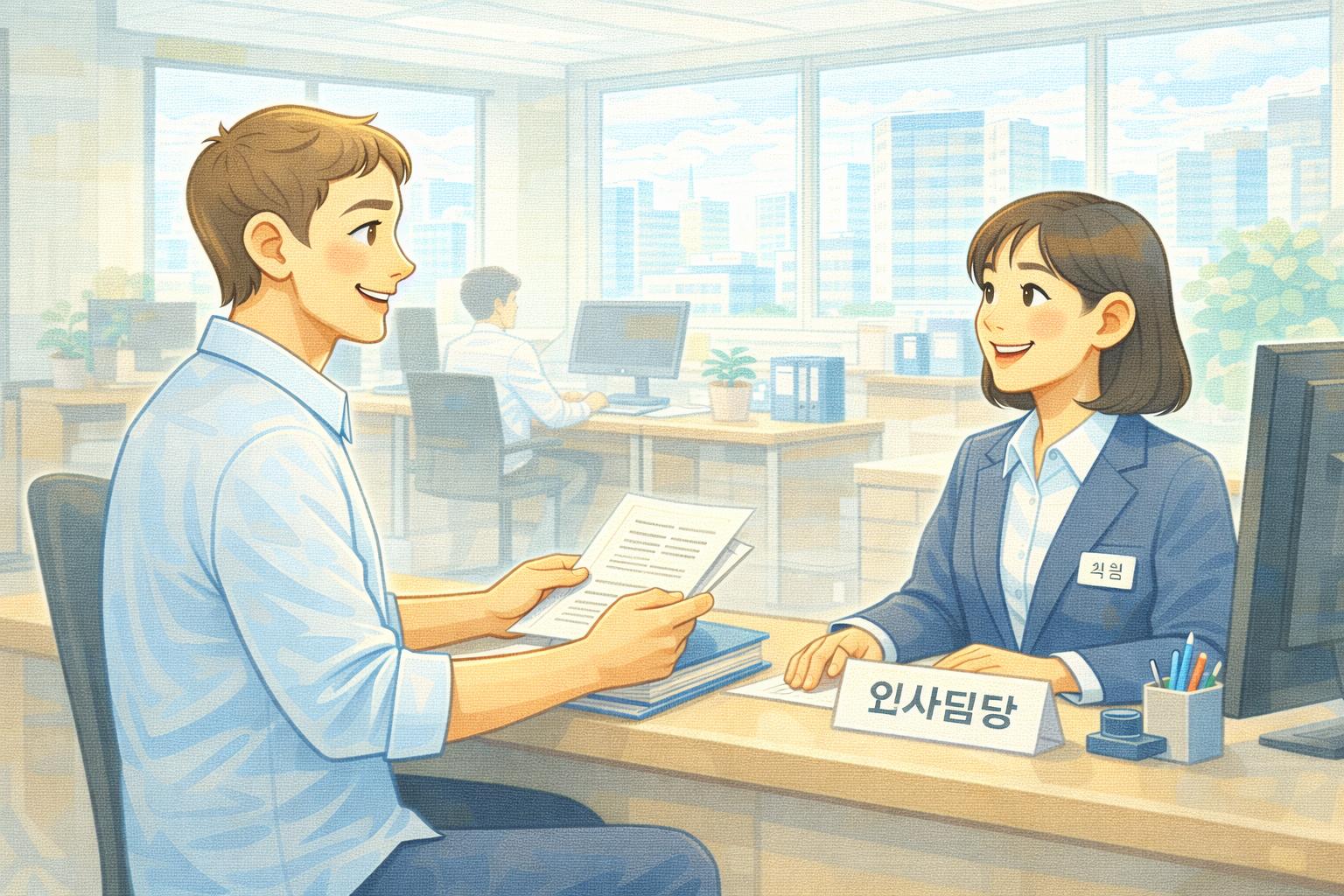 Illustration of a foreign resident visiting a local district office in Korea