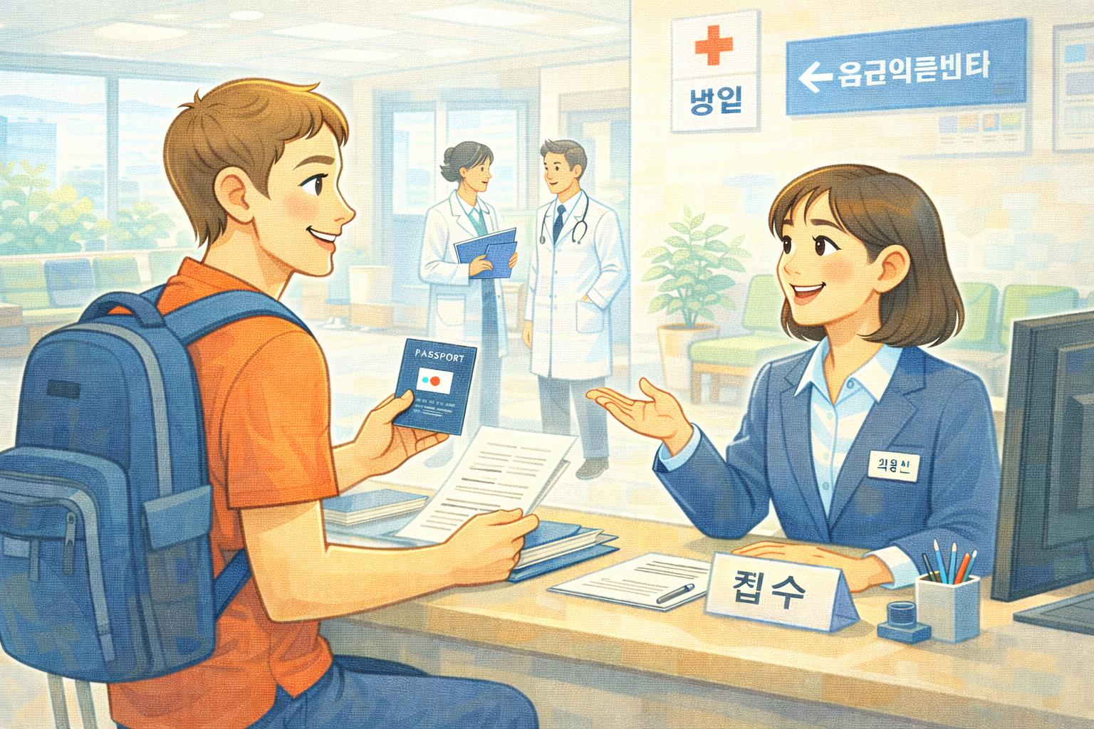 Illustration of a tourist visiting a hospital in Korea