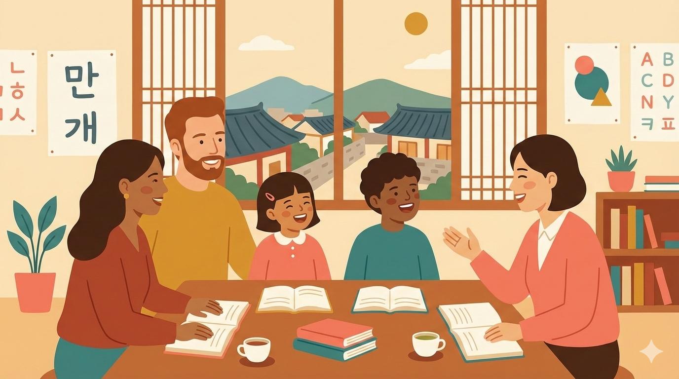 Illustration of a multicultural family talking with a Korean school teacher