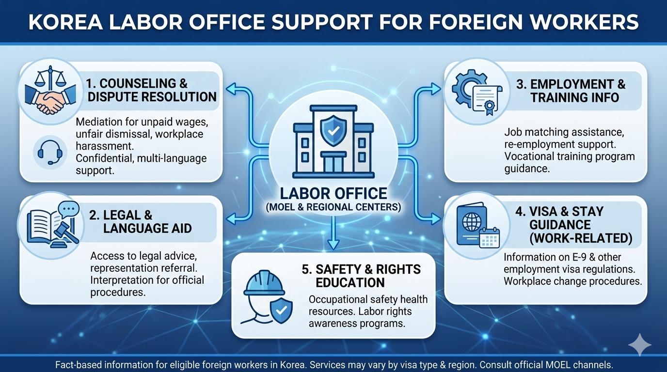 Infographic showing a foreign worker visiting a labor office in Korea