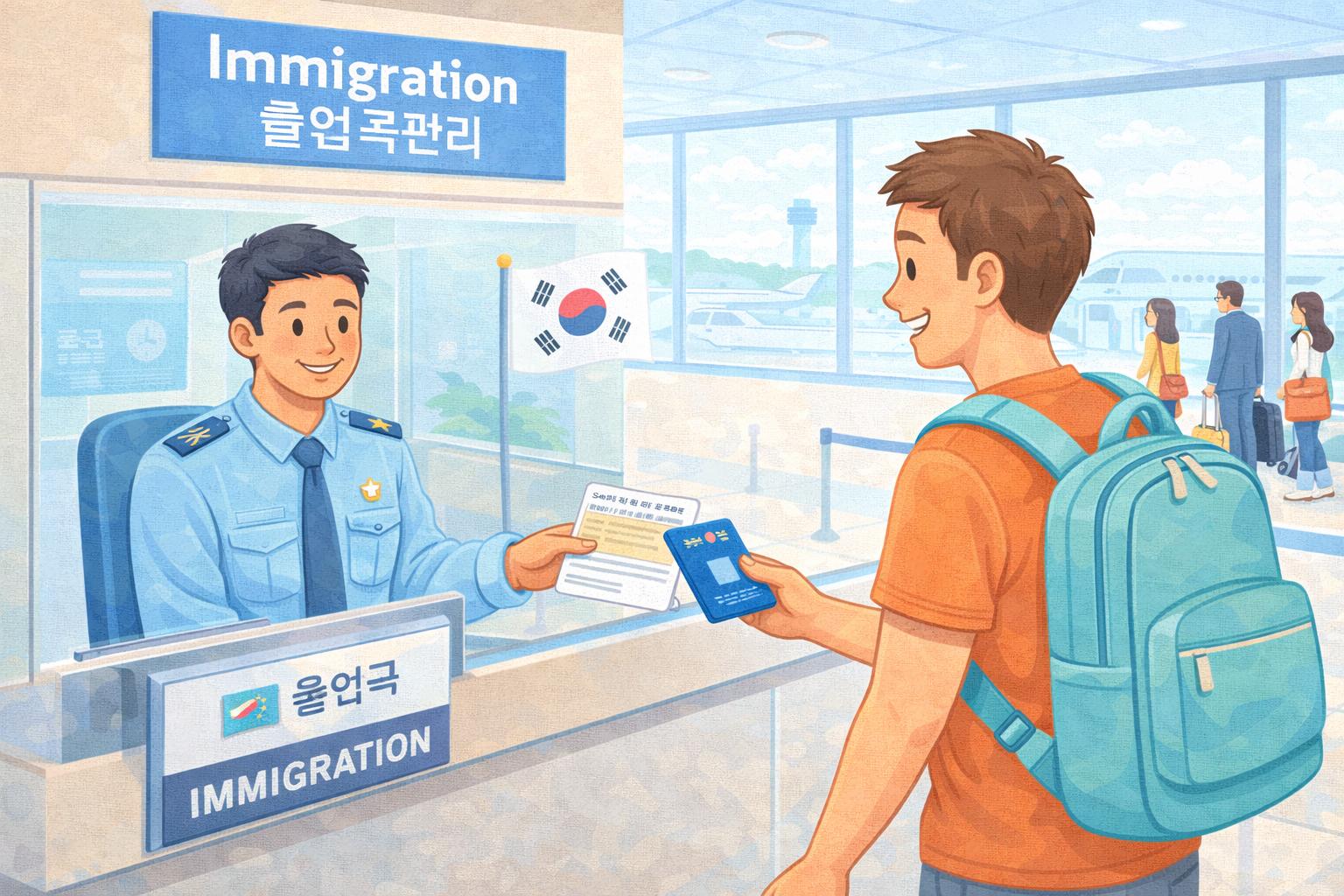 Illustration of a tourist dealing with exit procedures in Korea