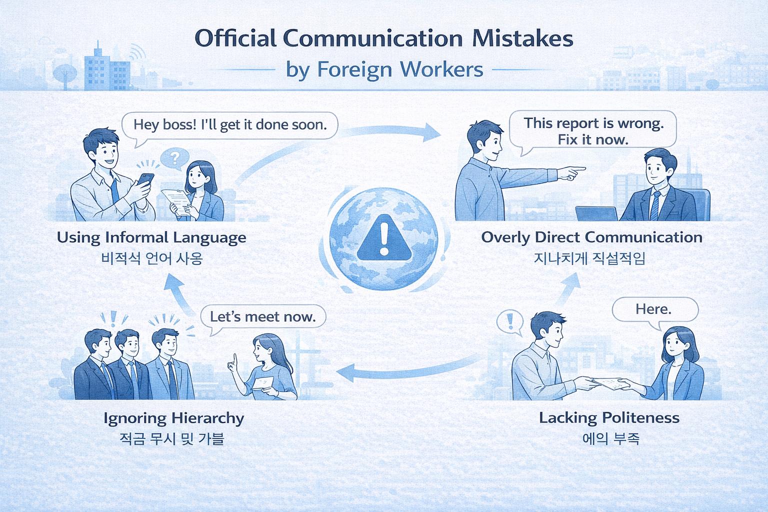 Infographic showing communication mistakes foreign workers make in Korea