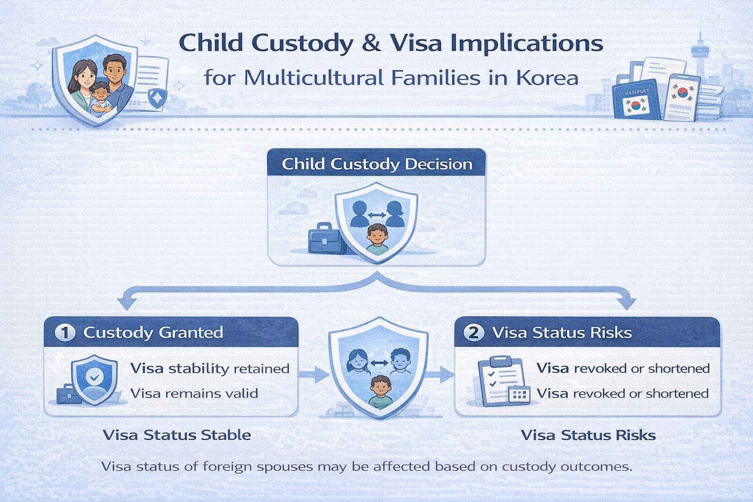 Infographic explaining child custody and visa status issues for multicultural families in Korea