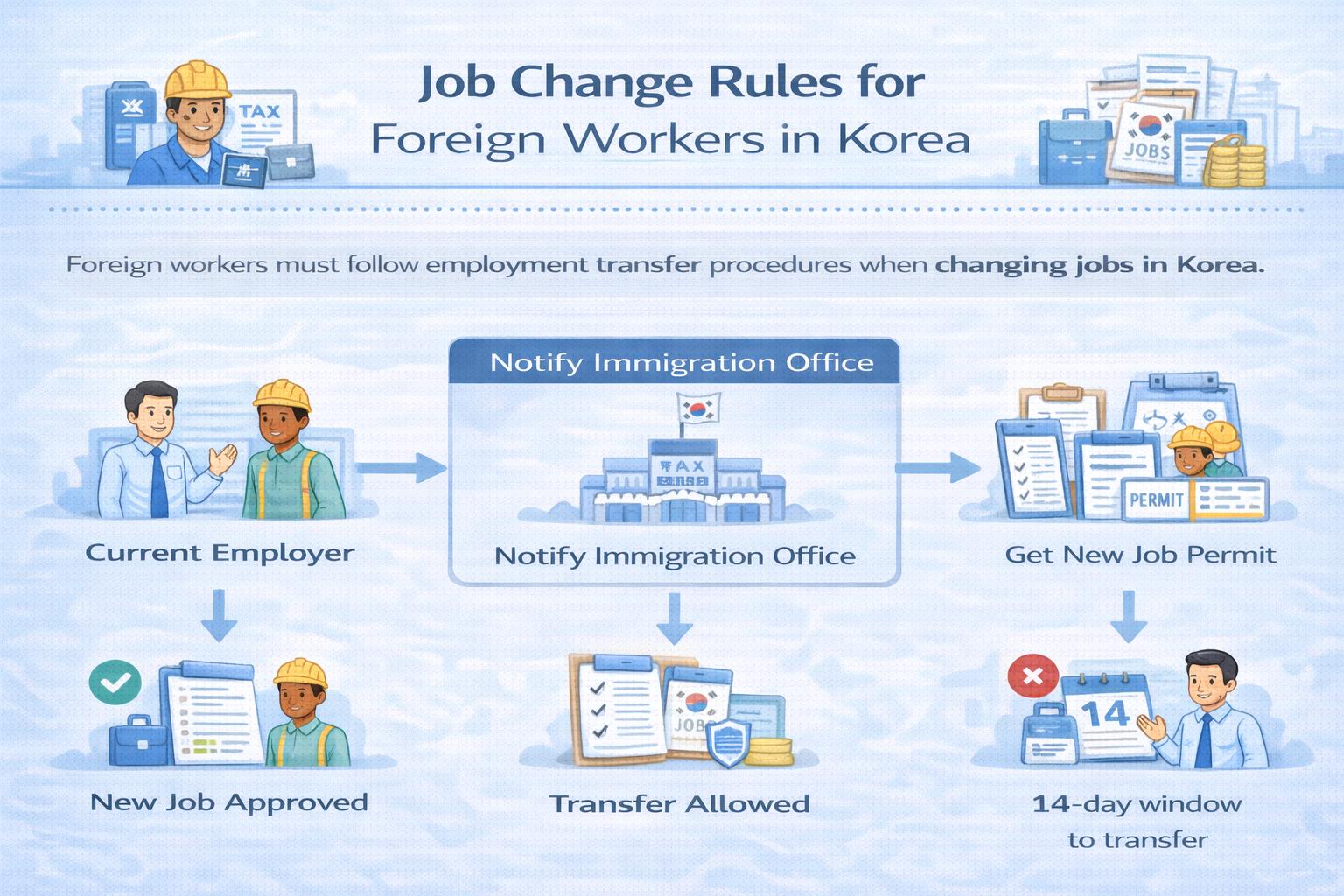 Infographic explaining job change rules for foreign workers in Korea