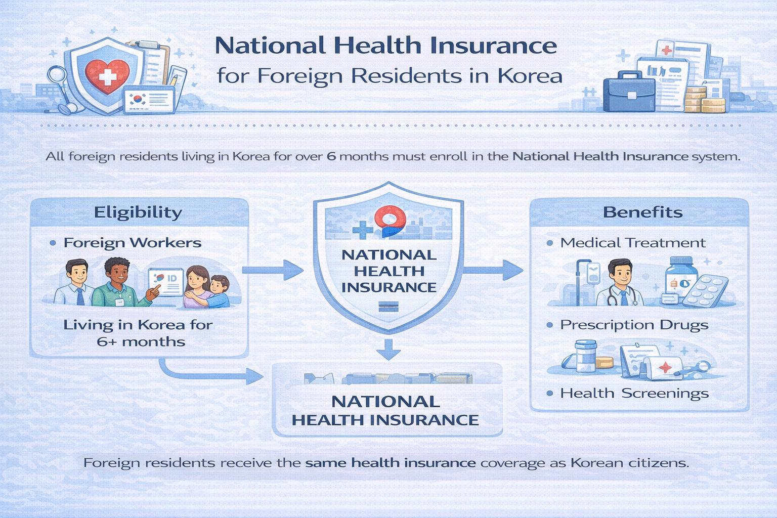 Infographic explaining national health insurance enrollment for foreigners in Korea