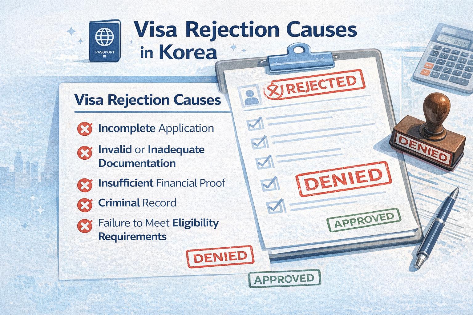 Infographic explaining visa rejection due to missing documents in Korea