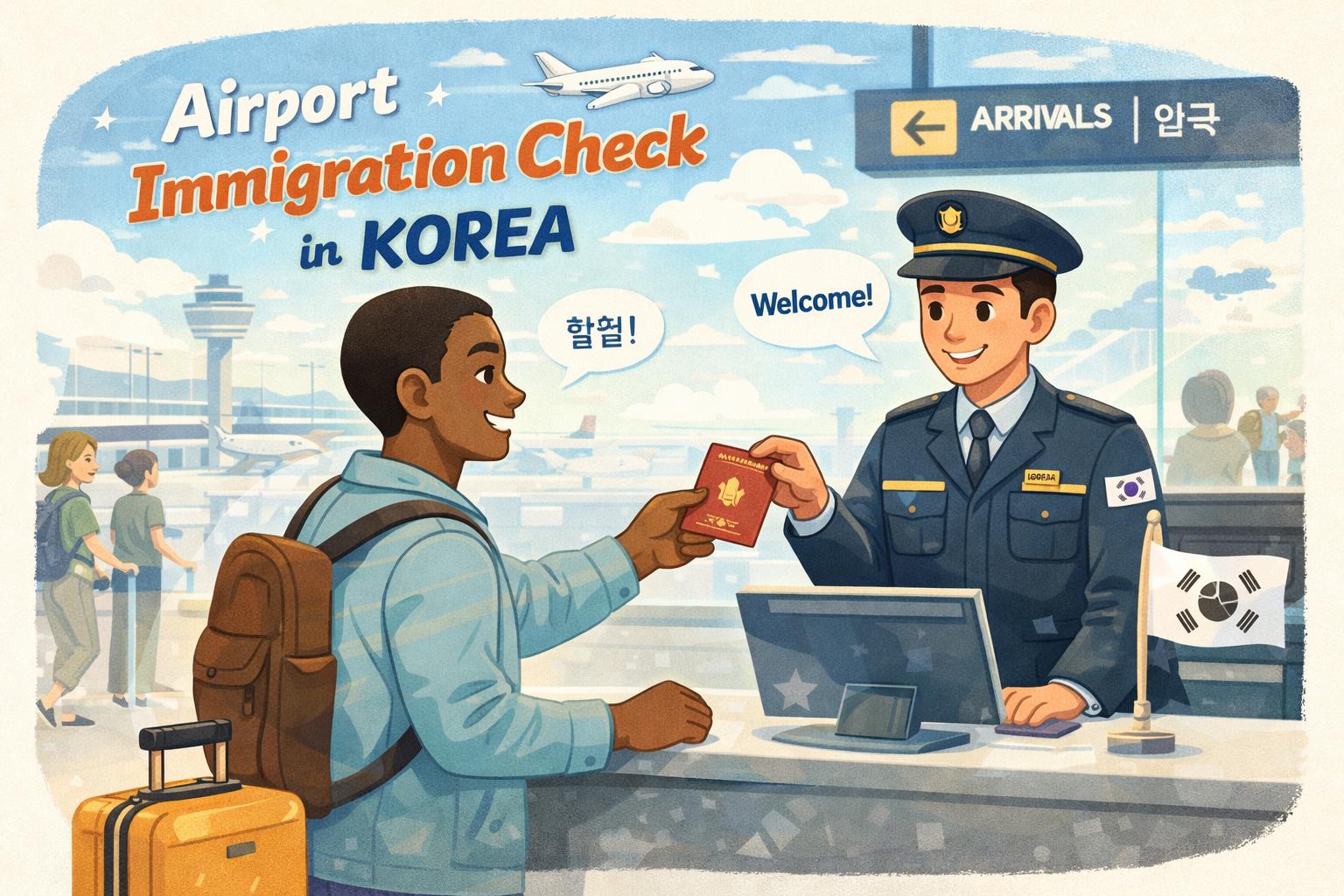 Illustration showing immigration entry inspection for tourists in Korea