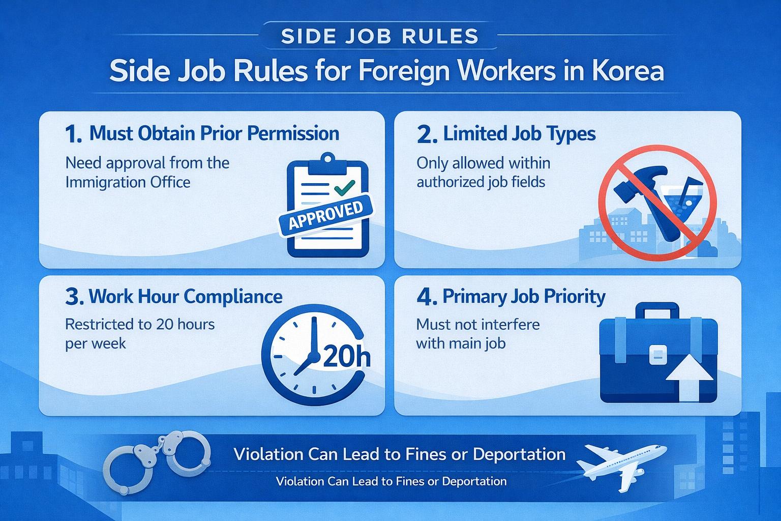Infographic explaining side job restrictions for foreign workers in Korea