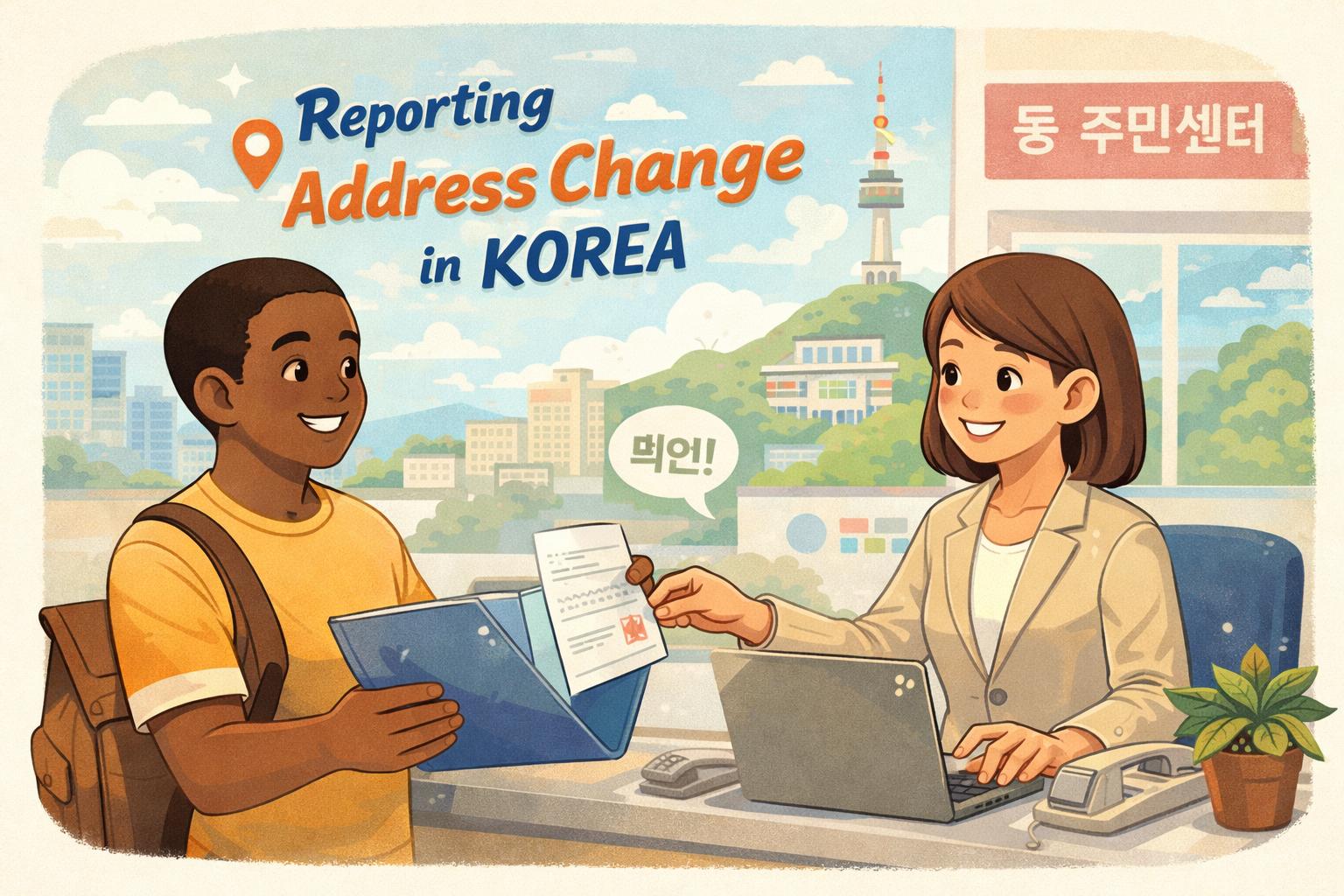 Infographic explaining address reporting rules for foreigners in Korea