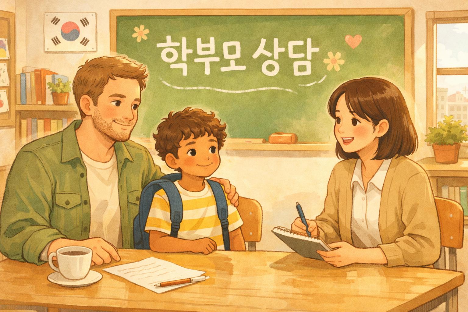 Foreign parent actively caring for child in Korea school setting
